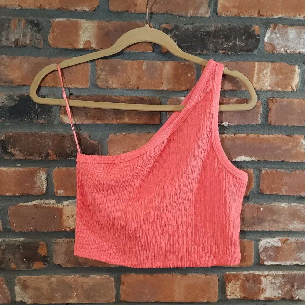 American Eagle Textured One-shoulder Crop Top in Coral Summer Women's L NWT - Picture 3 of 6